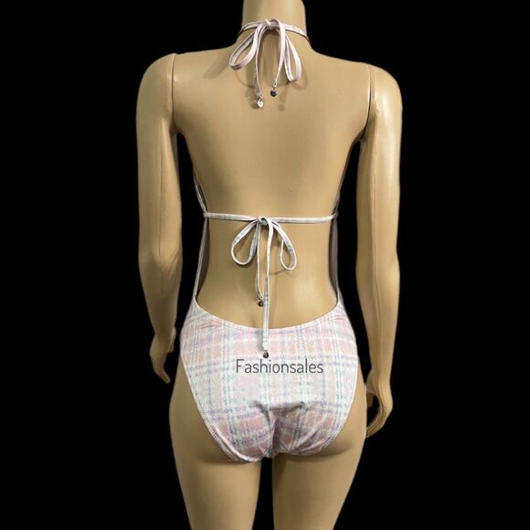 Victorias Secret Swim Cutout Halter One-piece Swimsuit Tweedy plaid Xlarge - Picture 4 of 4